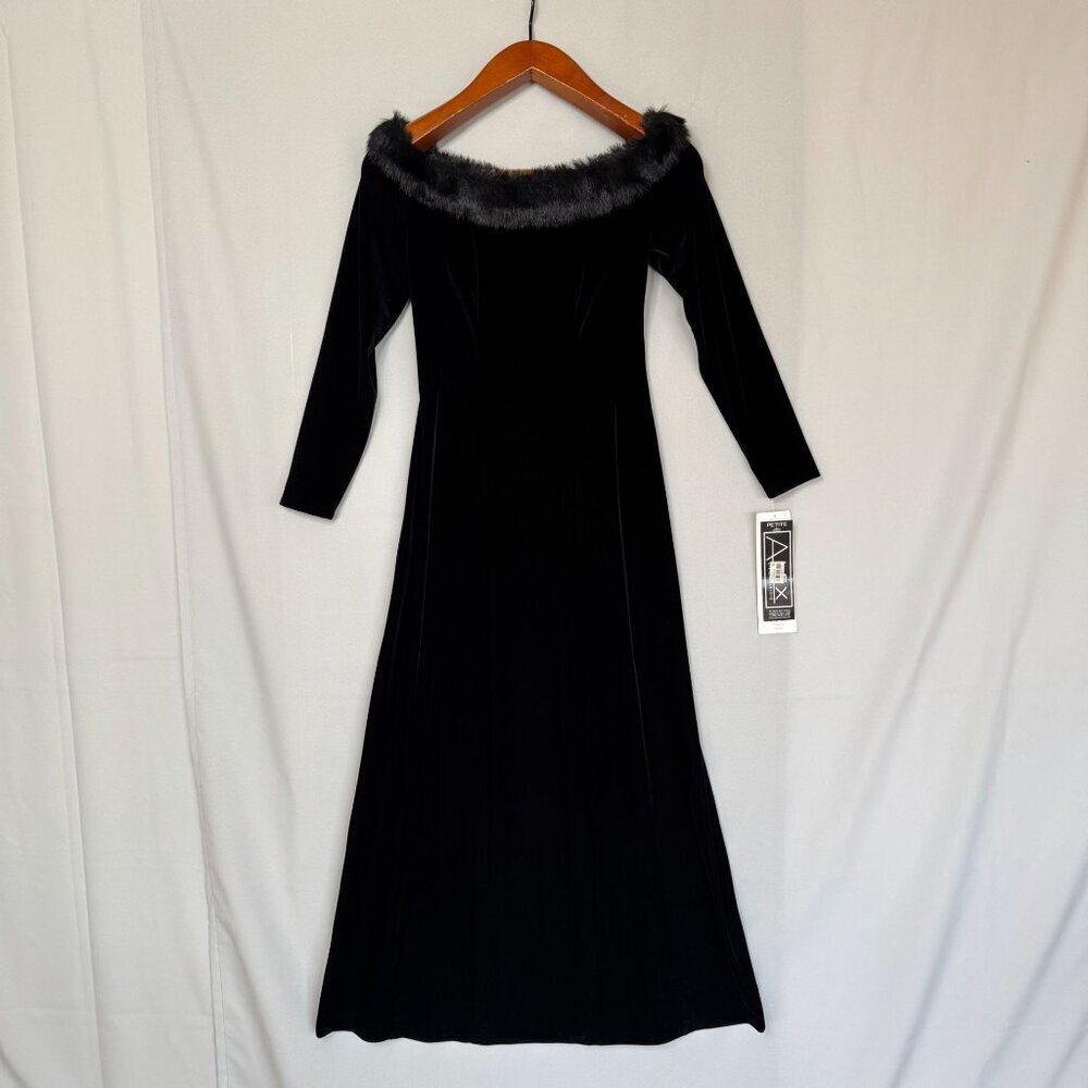 Vintage Alex Evening Black Velvet Faux Fur Off Shoulder Long Sleeve Maxi Dress
